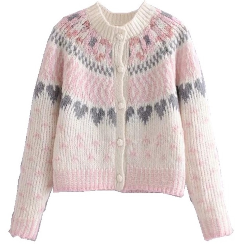 Cardigan sweater heart pink white rose button knit boho women thick - Picture 3 of 6